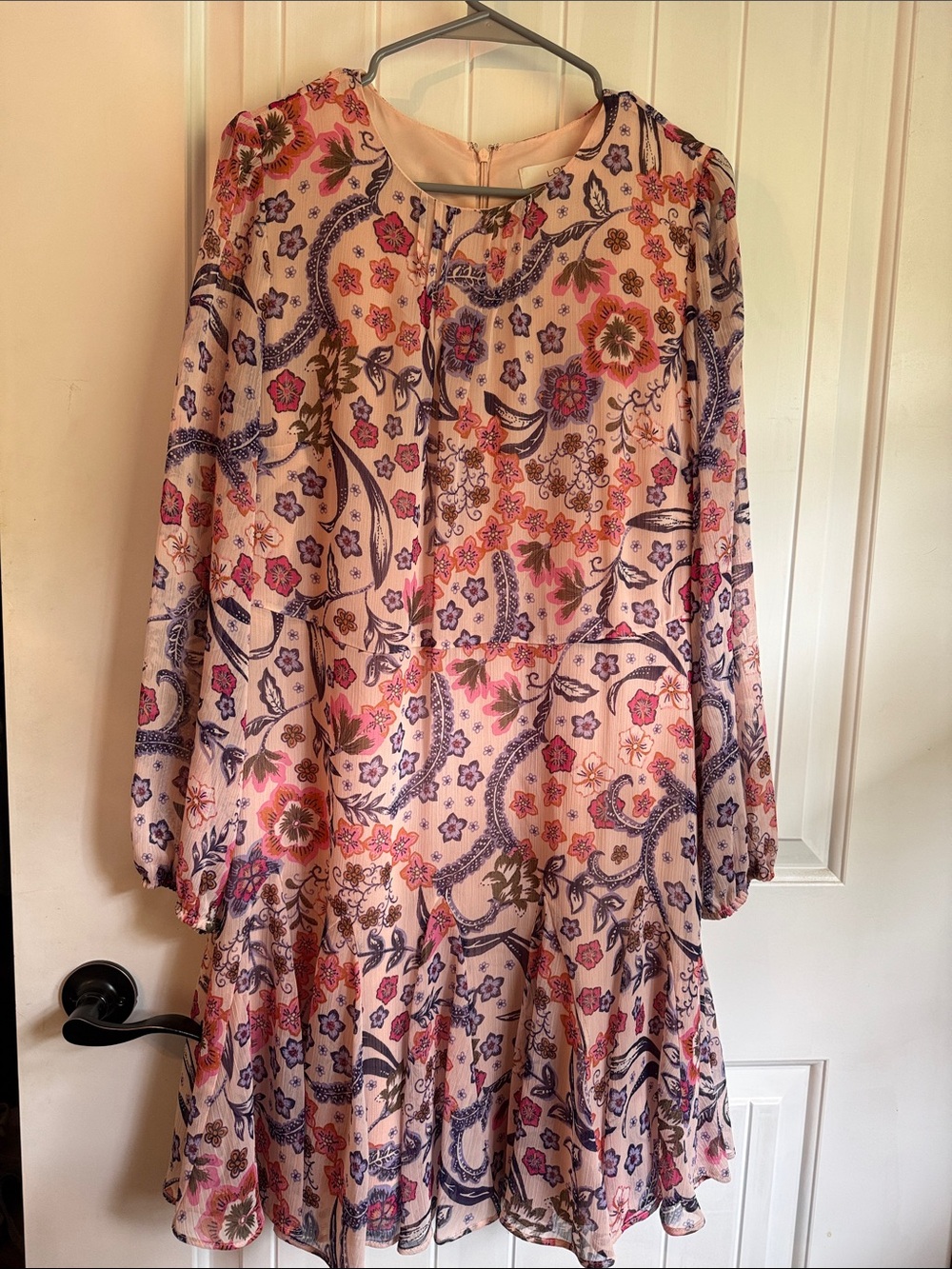 LOFT Pink Paisley Floral Long-Sleeve Swing Dress